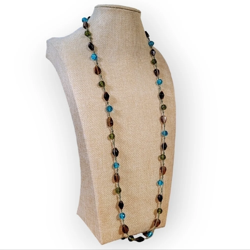 Long beaded Necklace Embroidered Strand Pull over Summer Brown Green Blue Aqua